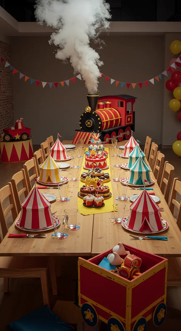 A circus train centerpiece with smoke coming from its smokestack on a party table.