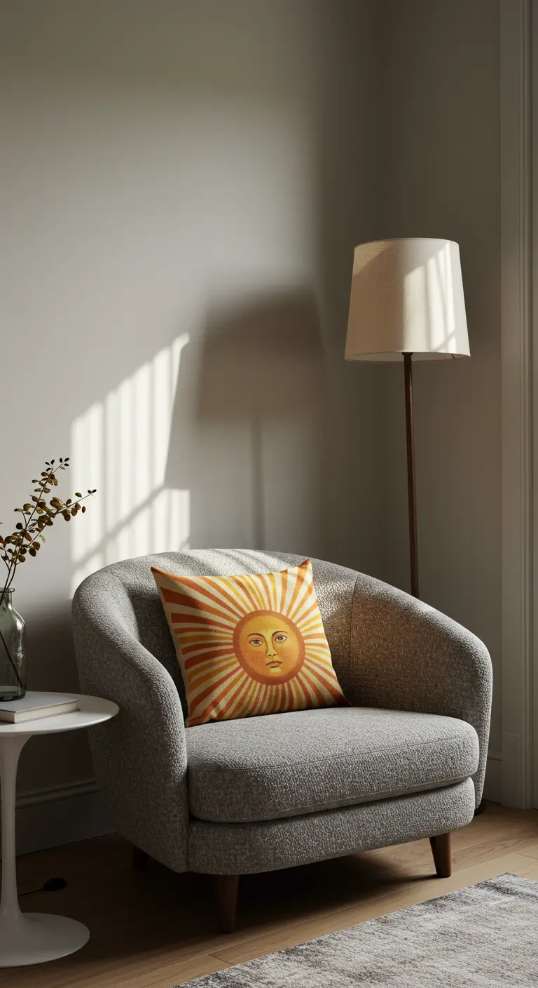 A gray armchair in a softly lit corner with a single pillow featuring a stylized sun face.