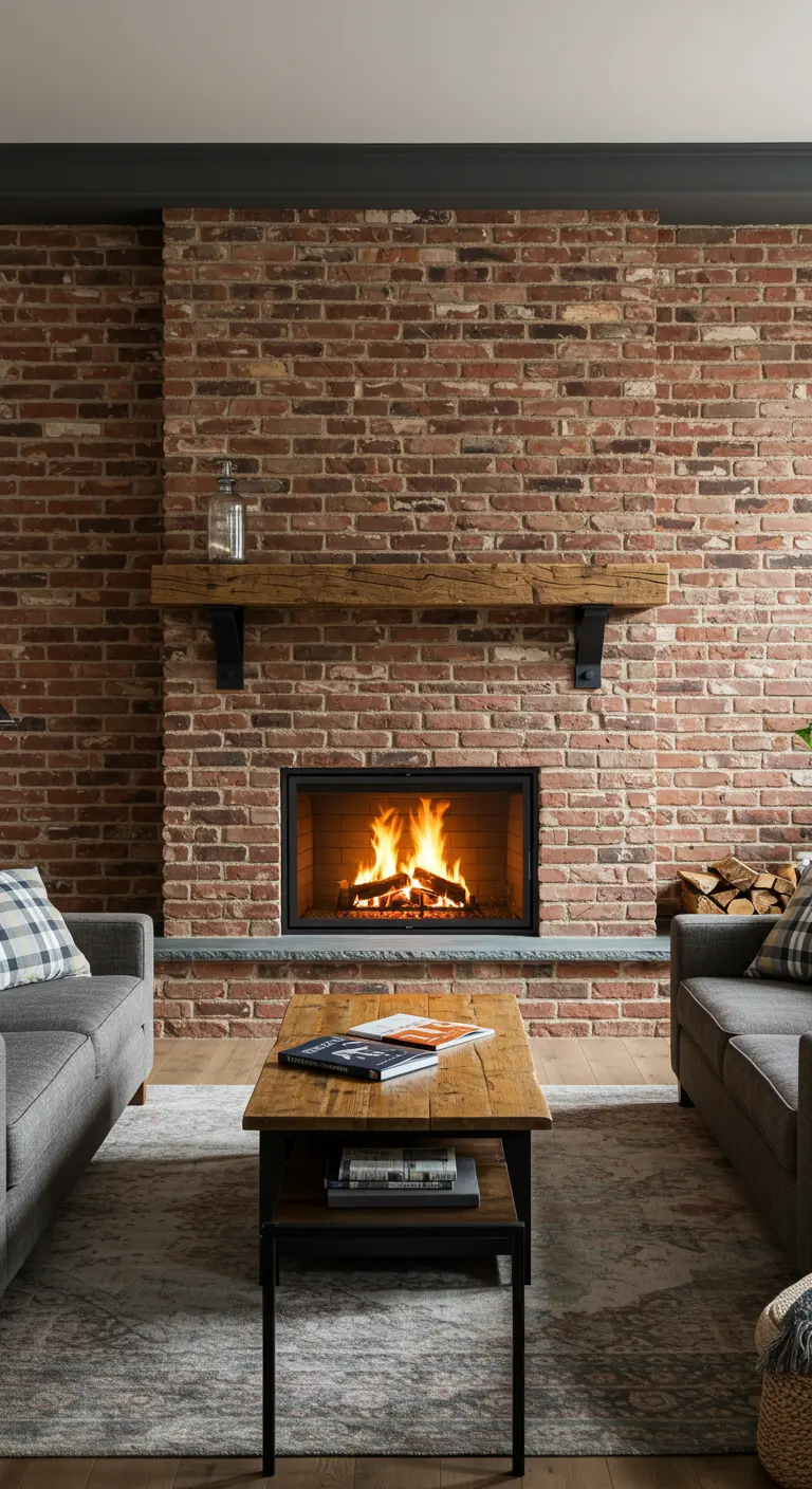 A classic brick fireplace featuring a thick, rustic wooden beam as a mantel.