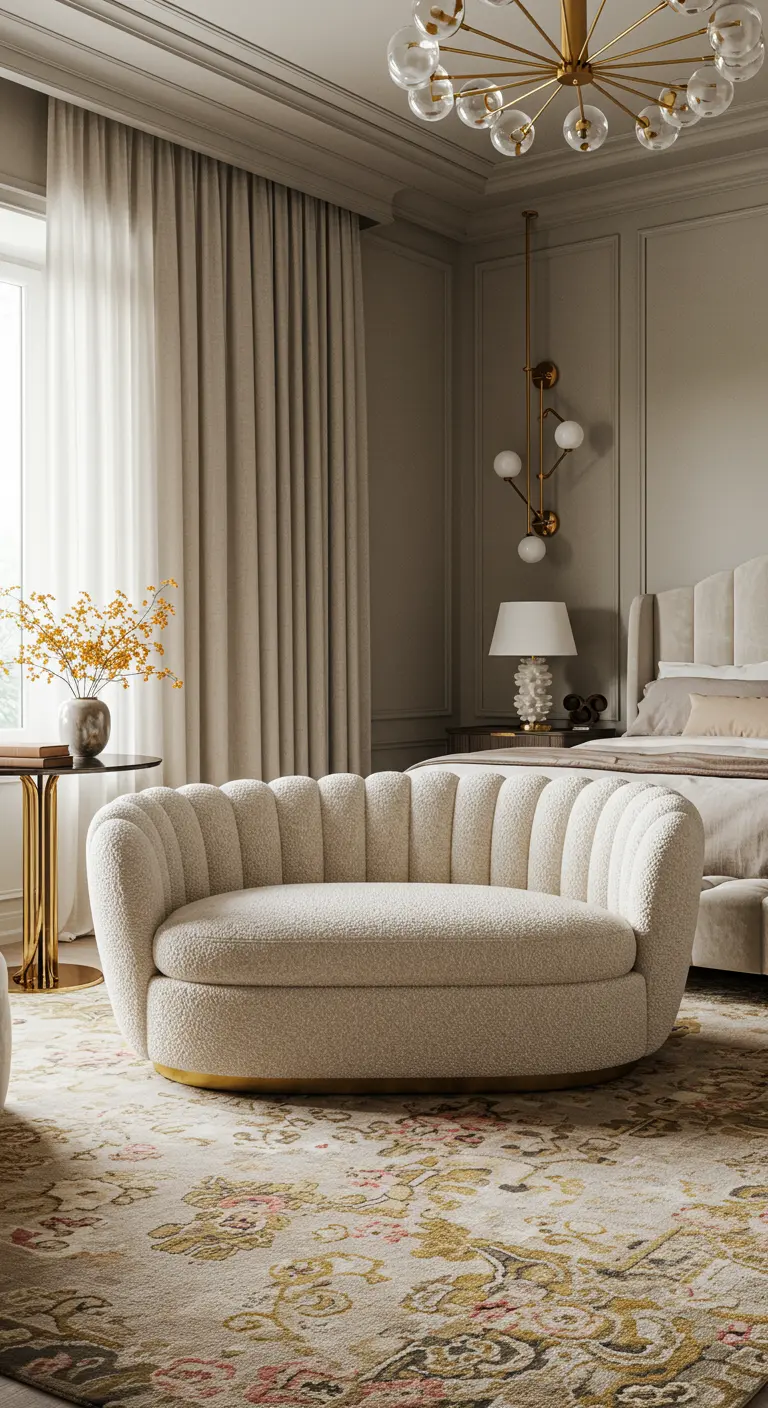 A cozy bedroom with a large floral rug and a small, curved bouclé loveseat.