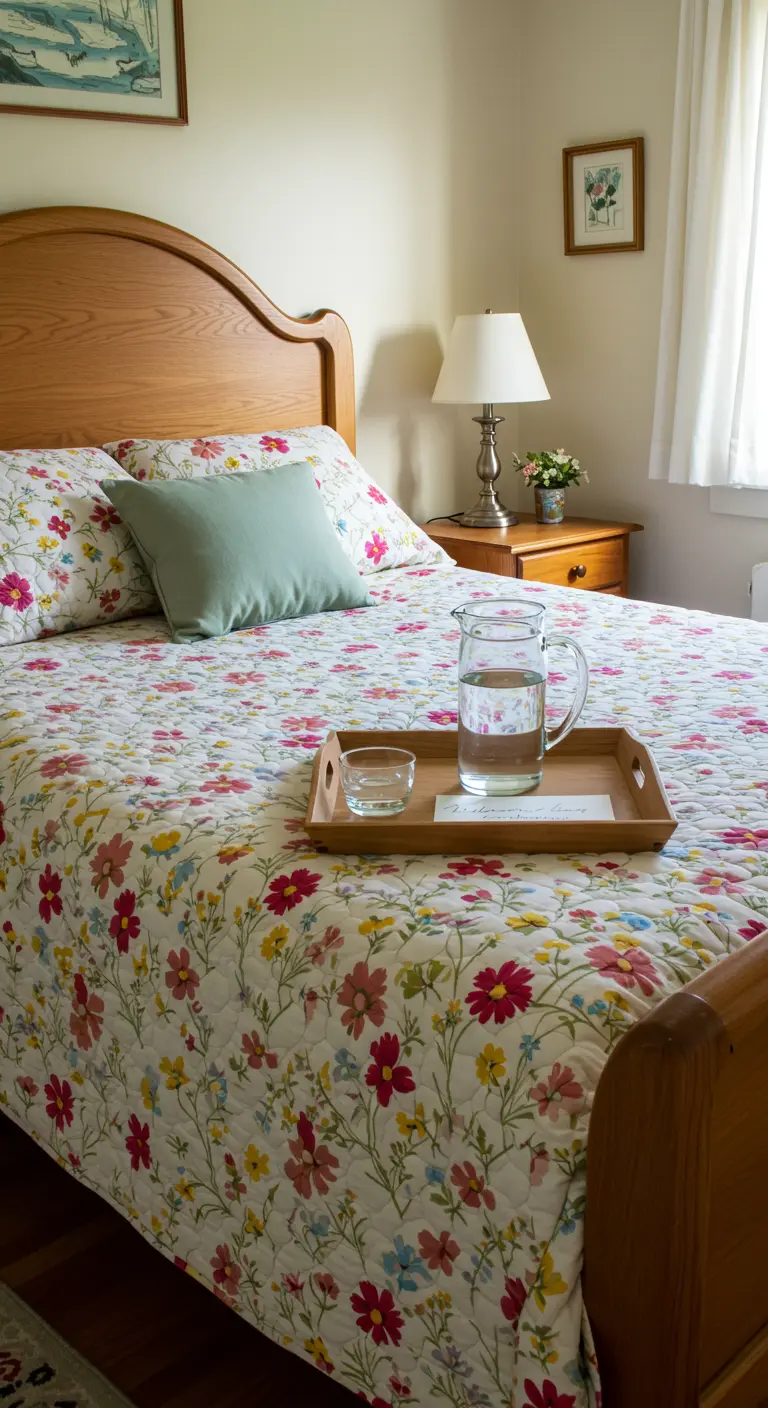 A wooden tray with a pitcher of water sits on a colorful floral quilt.