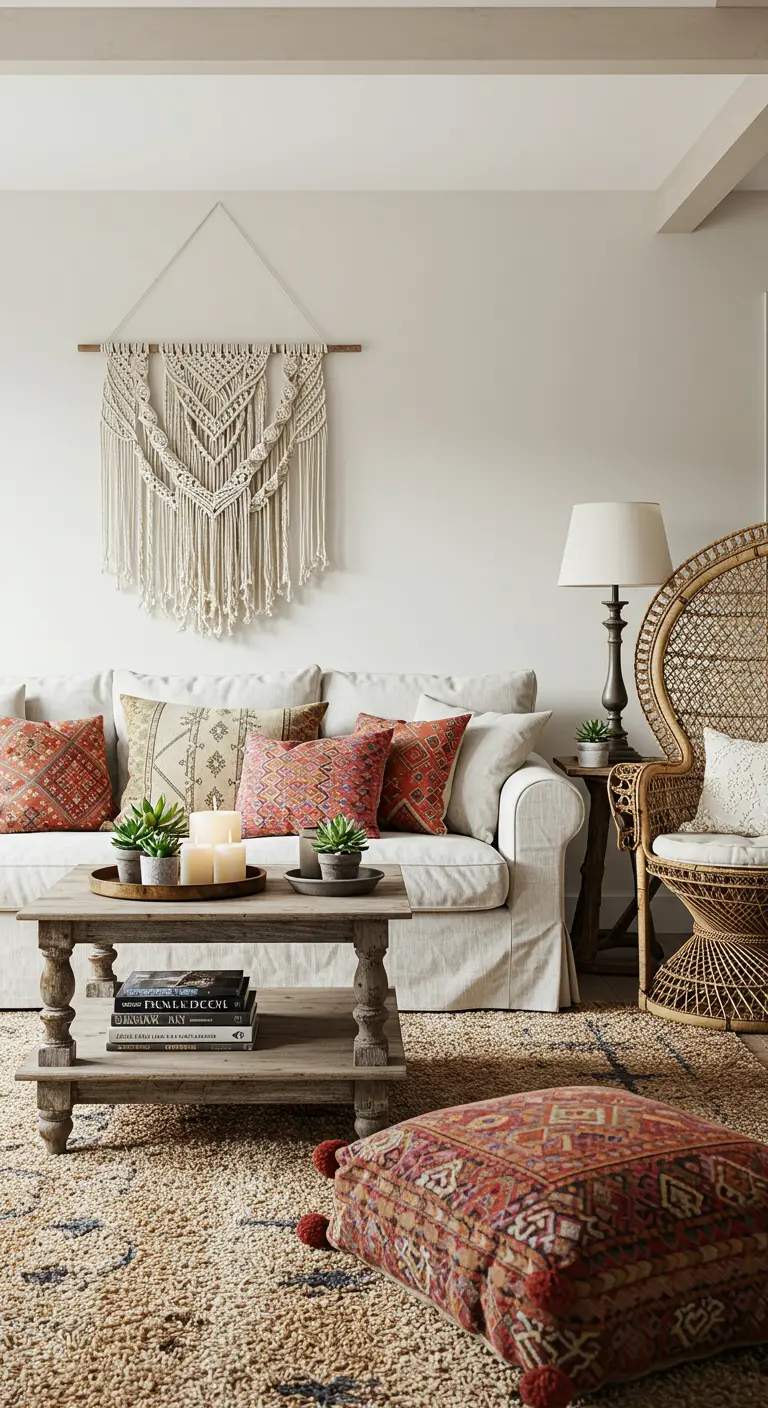 Bohemian farmhouse living room with a macrame wall hanging, patterned pillows, and a peacock chair.