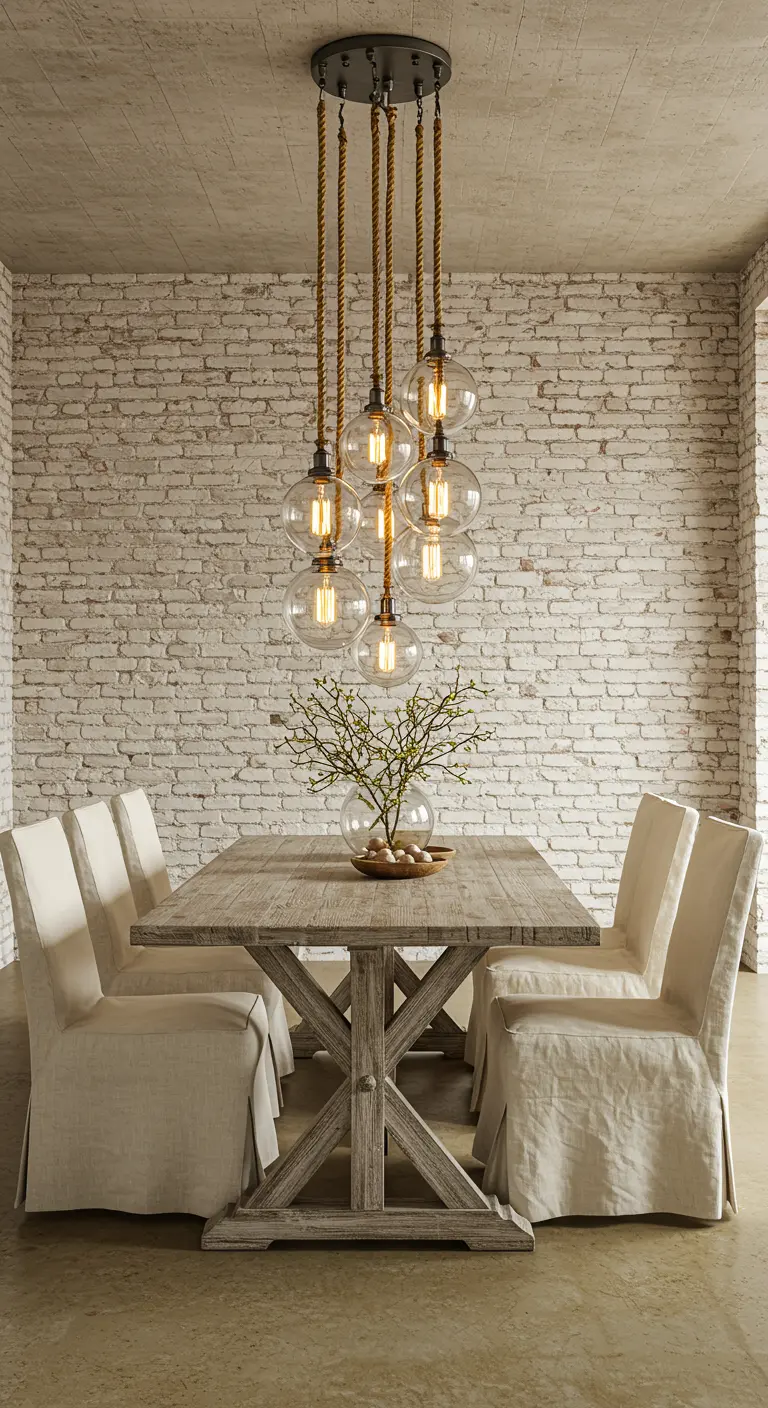 Dining room with whitewashed brick, linen slipcovered chairs, and a rope chandelier.