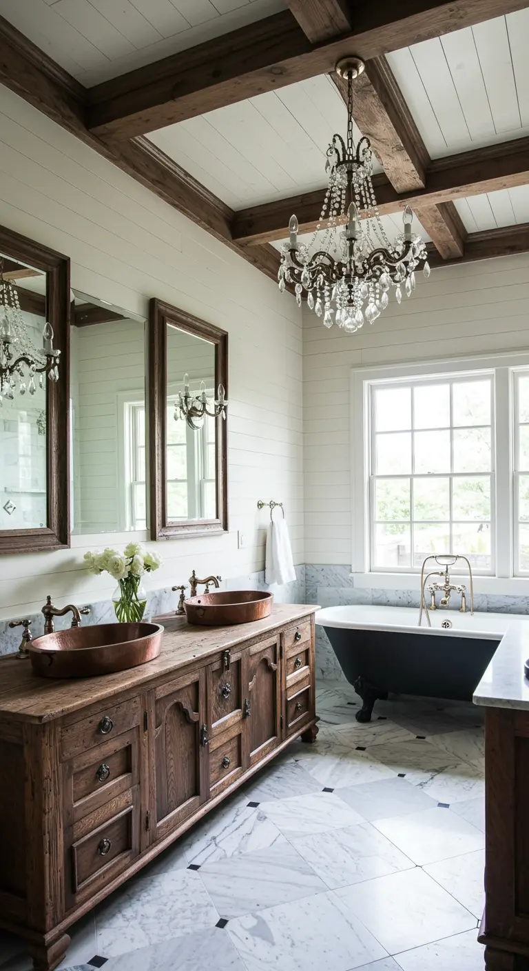 Farmhouse bathroom with a crystal chandelier, wood beams, and a marble floor.