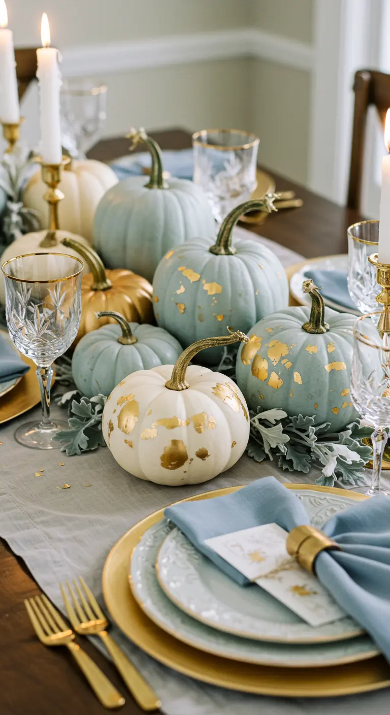Tablescape with pale green and white pumpkins decorated with flecks of gold leaf.