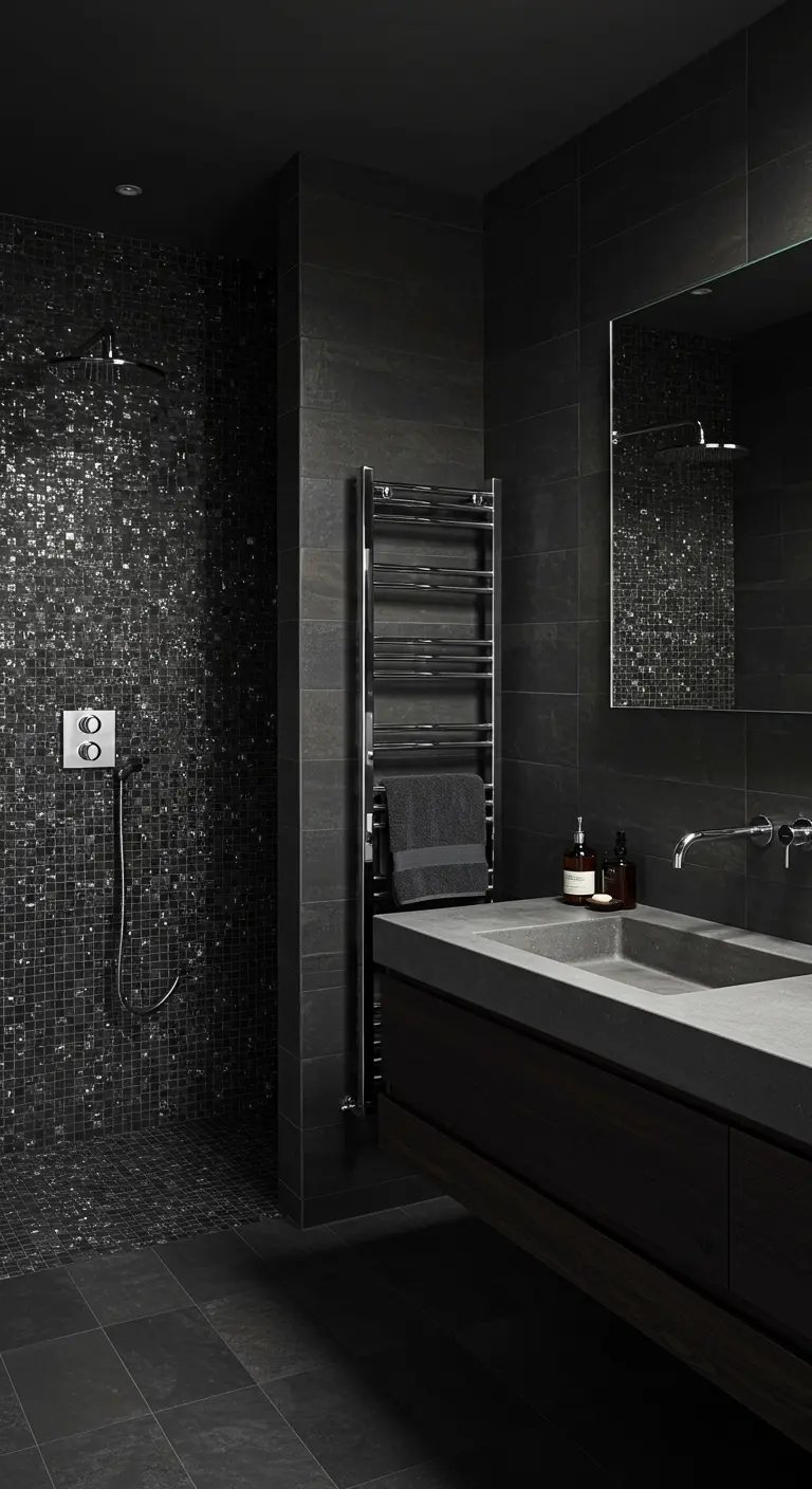 Dark grey bathroom with a shower accent wall made of shimmering black mosaic tiles.