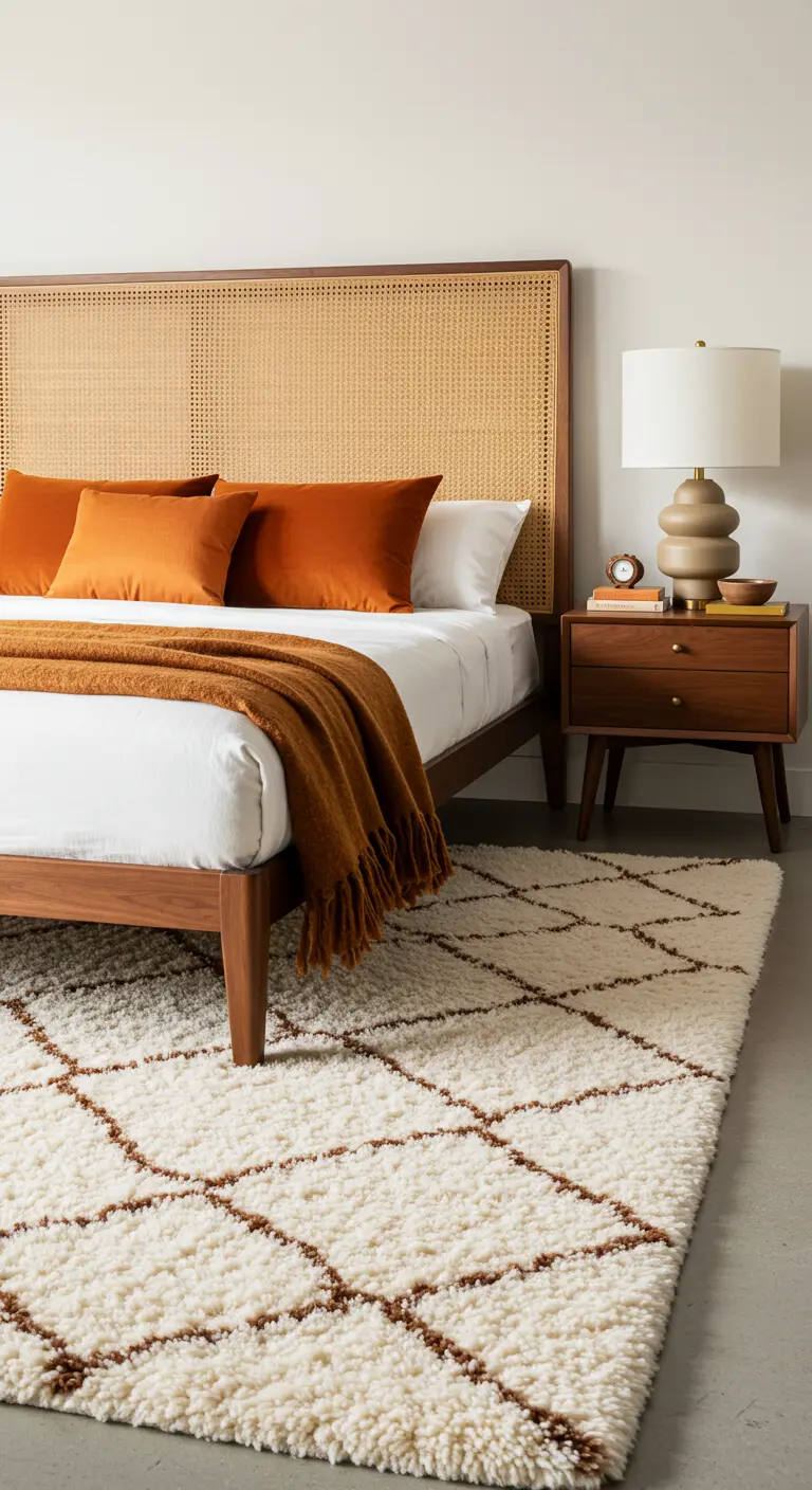 Close-up of a bed with a woven cane headboard and rust-colored pillows on a shag rug.