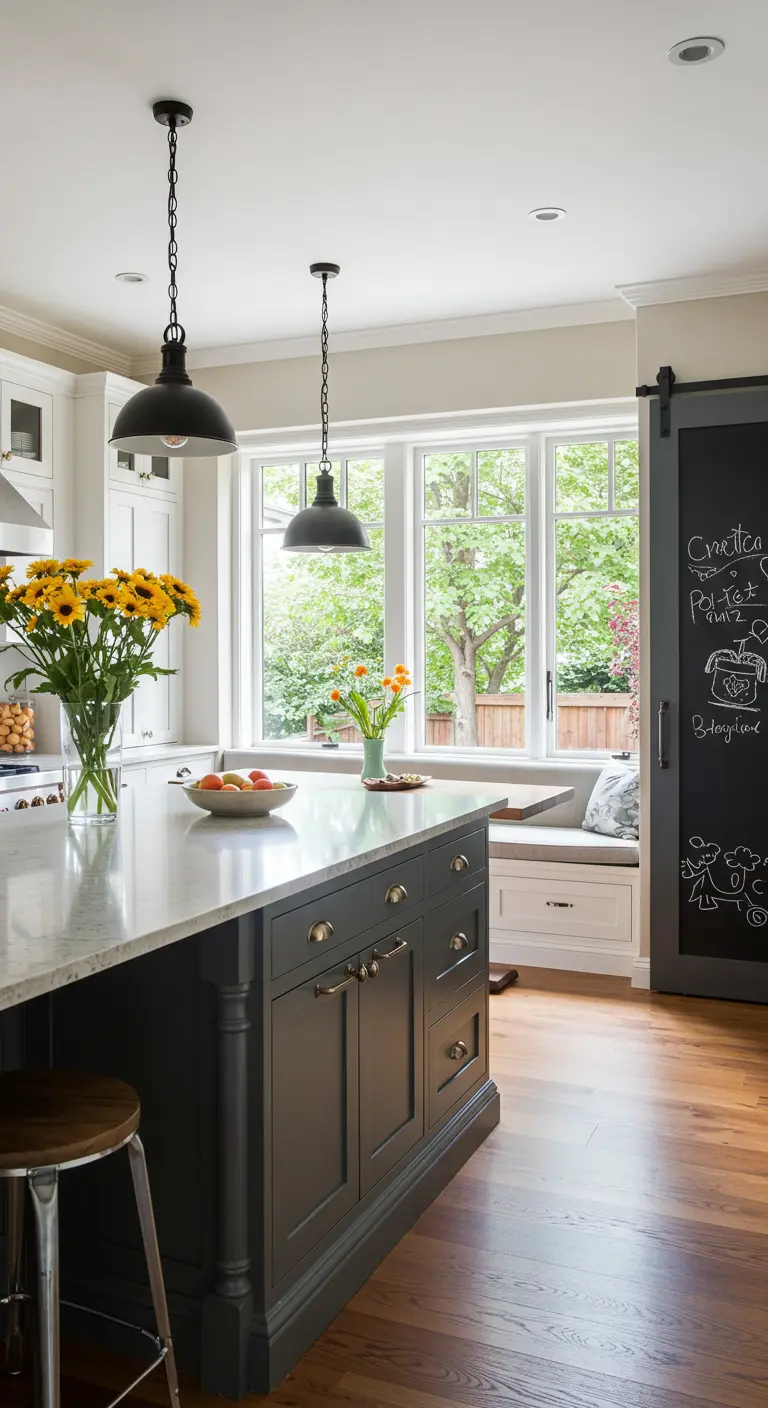 Kitchen featuring a dark gray barn door painted with chalkboard paint next to a window seat.