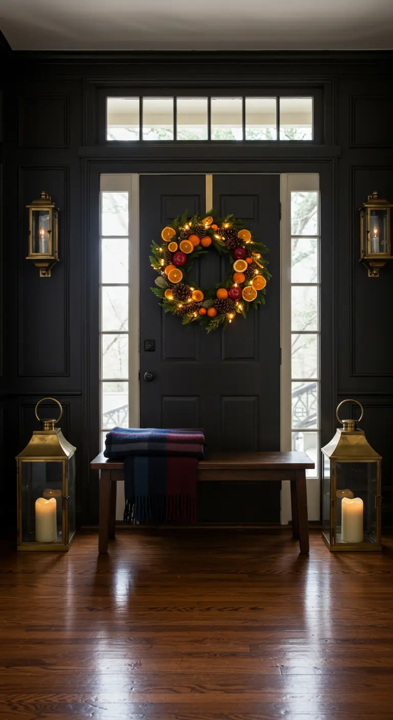 Dark front door with a lit wreath decorated with dried orange slices, flanked by brass lanterns.