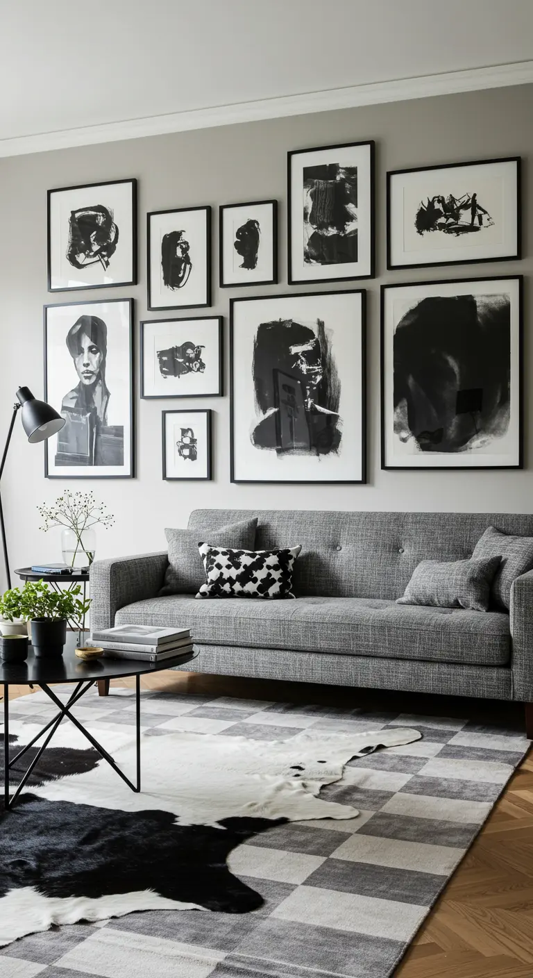 A gray plaid rug layered with a black and white cowhide rug in an eclectic living room.