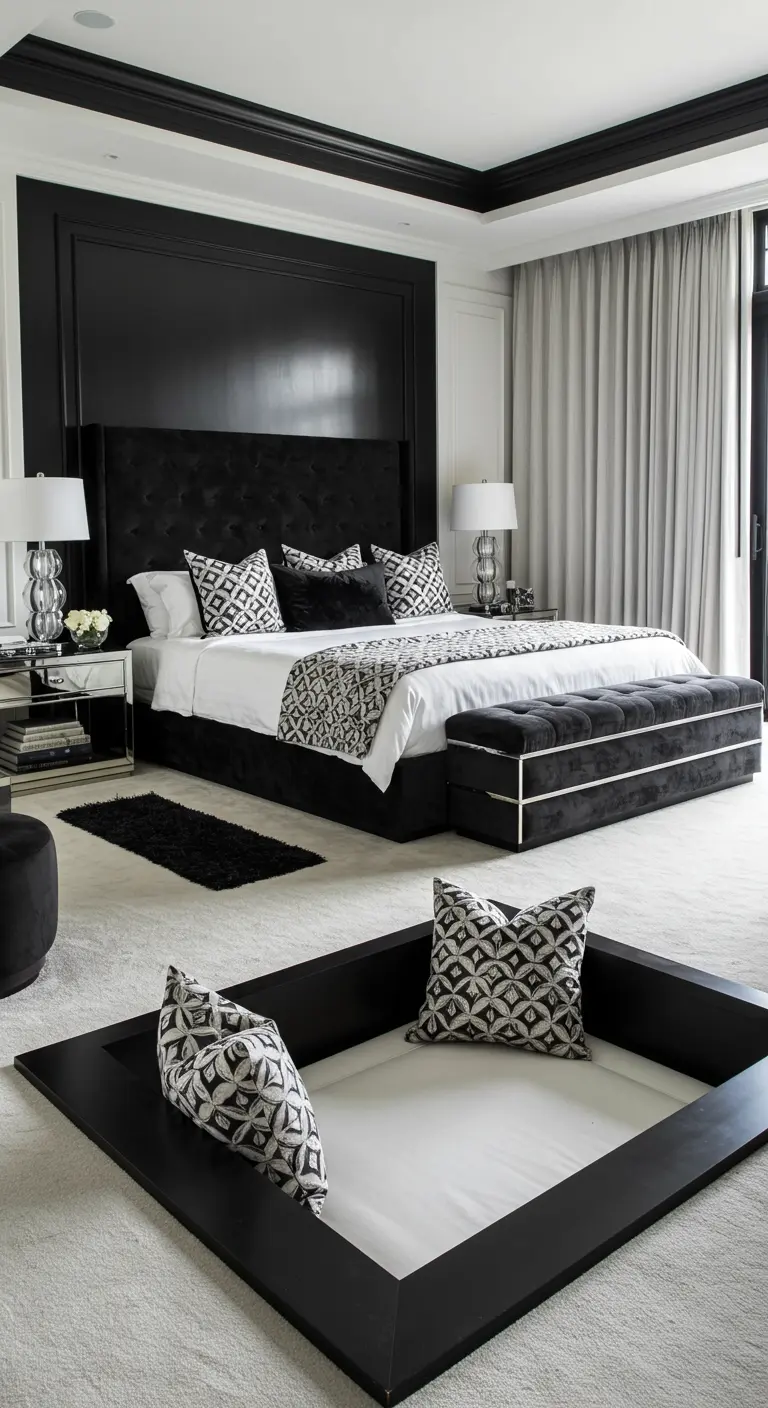 Luxury bedroom with a large black headboard and a sunken conversation pit in the foreground.