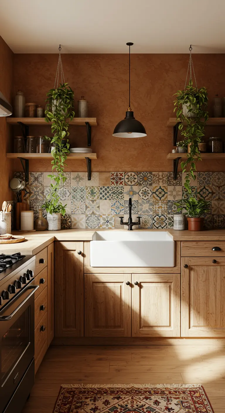 Rustic kitchen with terra cotta plaster walls, patchwork tile, and hanging plants.
