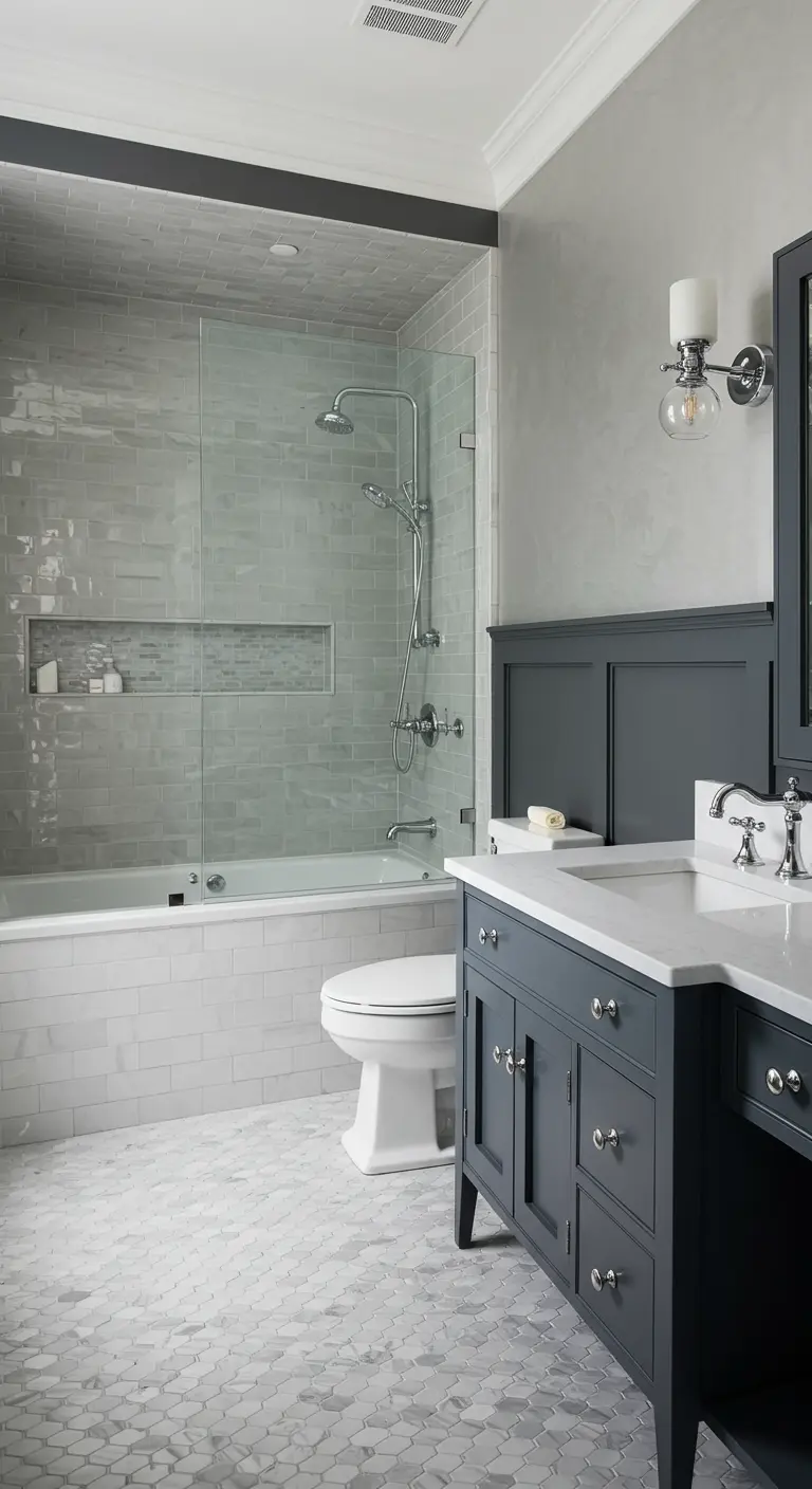 Bathroom with charcoal grey vanity, light grey walls, and glossy subway tiles.