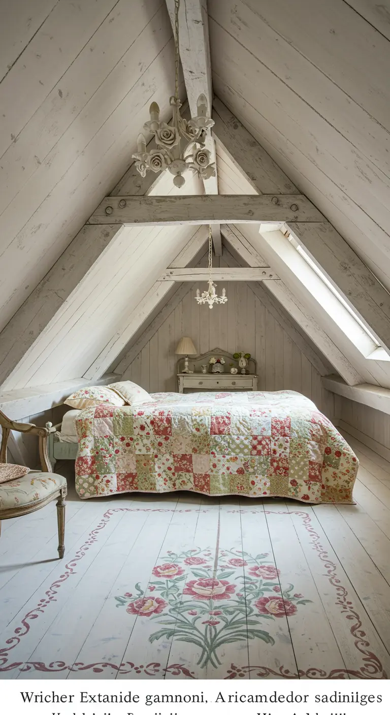 An attic bedroom with whitewashed wood planks and a floral design painted on the floor.