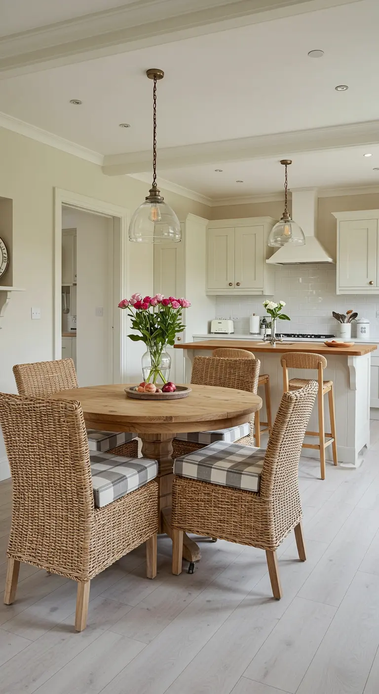 Eat-in kitchen with wicker chairs featuring blue and white gingham seat cushions.