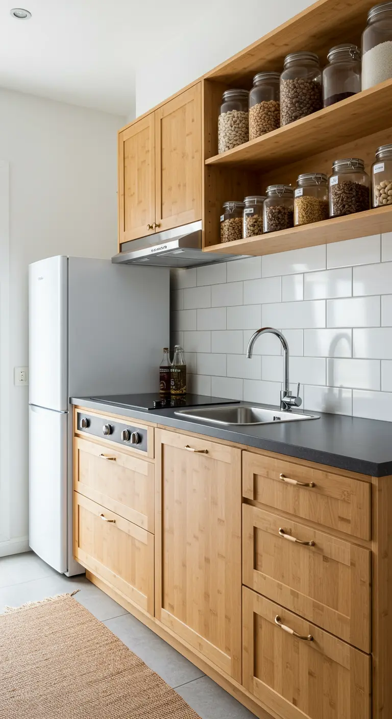 A kitchen with natural bamboo cabinets, a dark gray countertop, and a white subway tile backsplash.