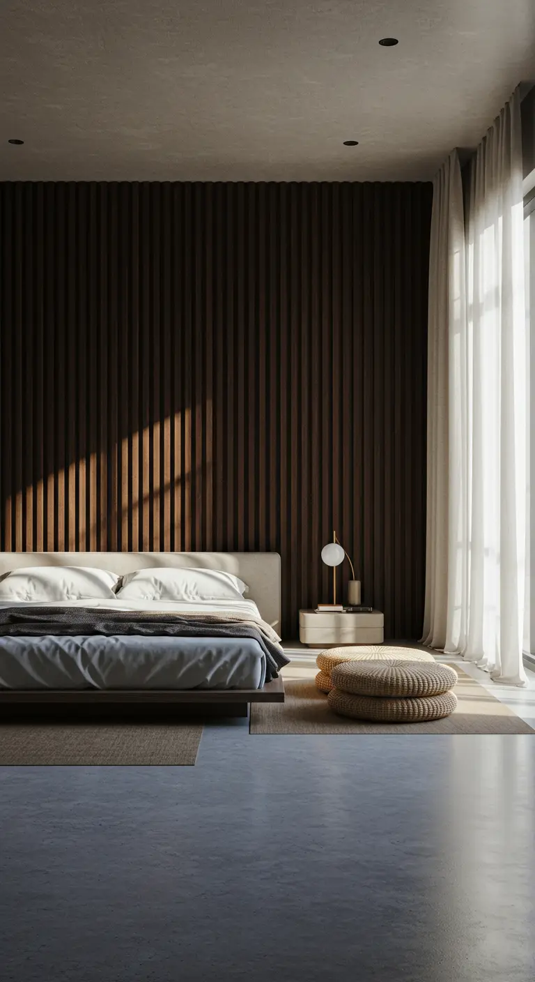 A contemporary bedroom with a dark brown slatted wood wall behind the bed.