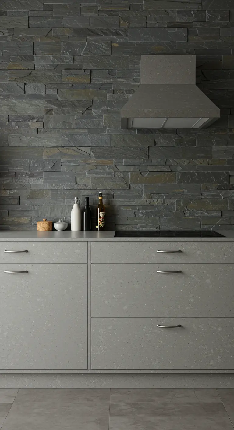 Kitchen with light grey speckled countertops and a dark grey stacked slate tile backsplash.
