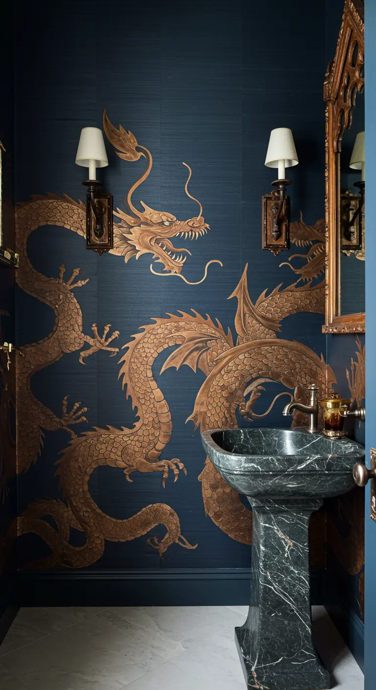 Dramatic powder room with a navy grasscloth wall and a gold dragon mural.