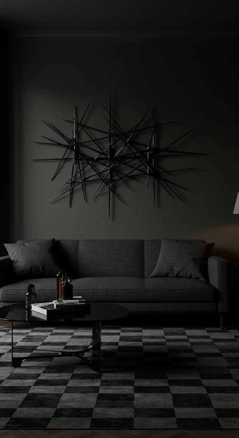 A moody dark gray living room with a tonal 3D wall sculpture above the sofa.
