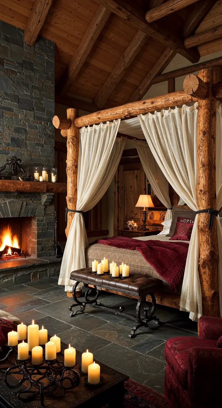 A large log canopy bed with white drapes in a rustic room with a stone fireplace.