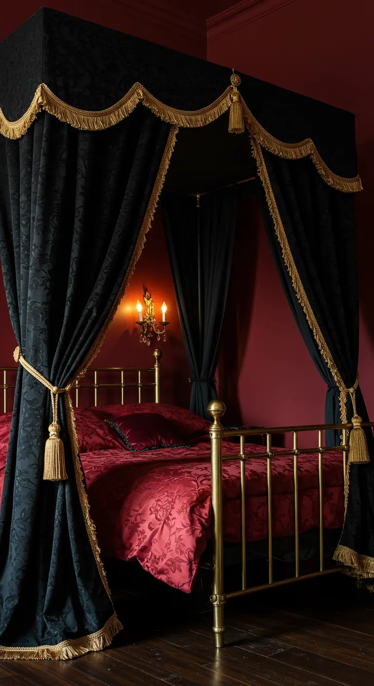 Dramatic bedroom with a black and gold canopy, red bedding, and warm wall sconces.