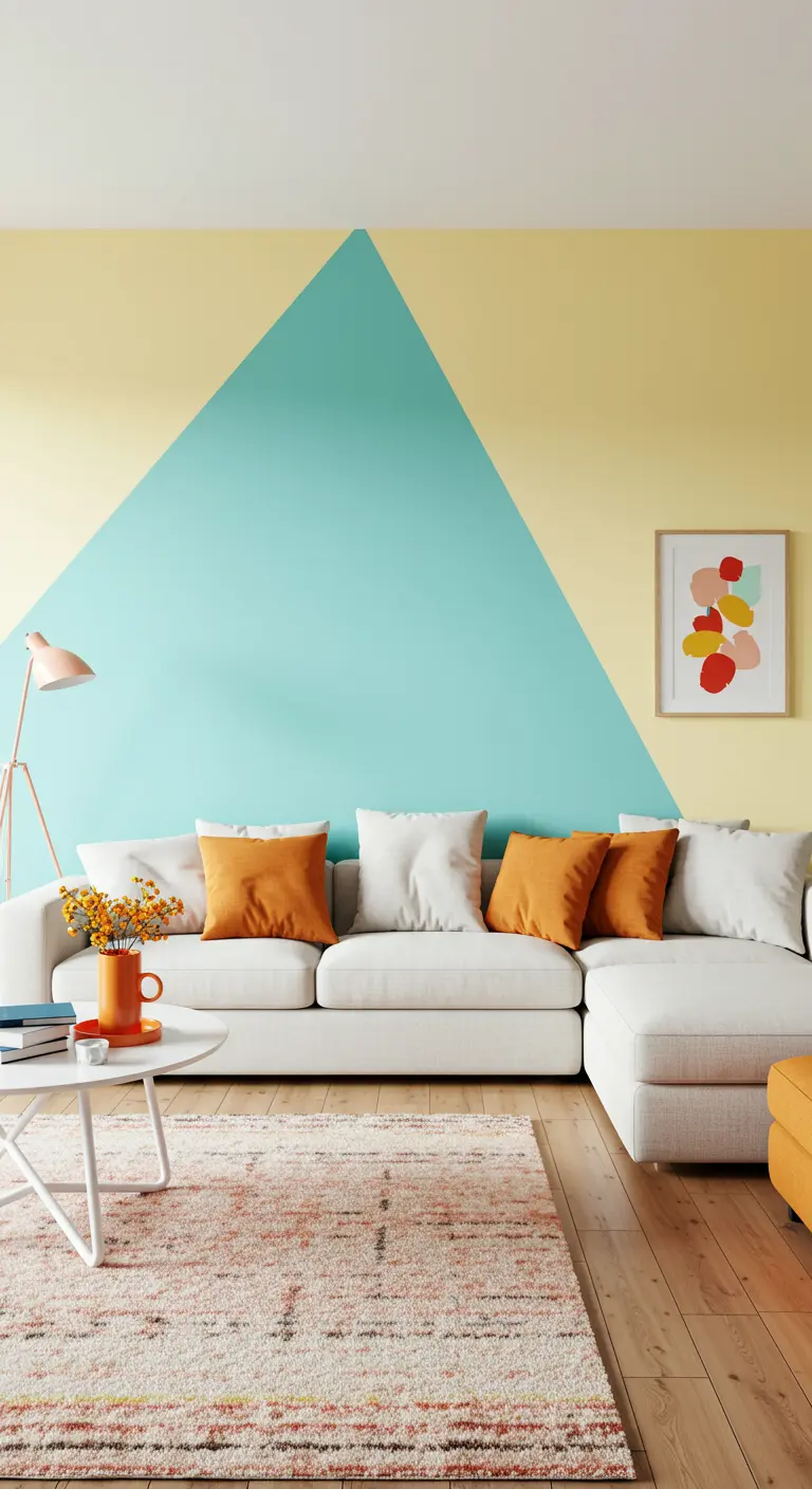 A white sectional against a yellow wall with a large turquoise painted triangle accent.