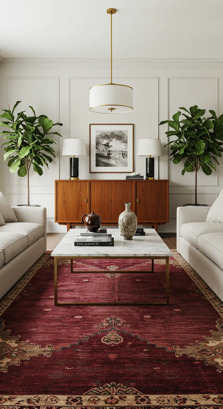 A formal living room with two sofas, a teak credenza, and a classic red oriental rug.