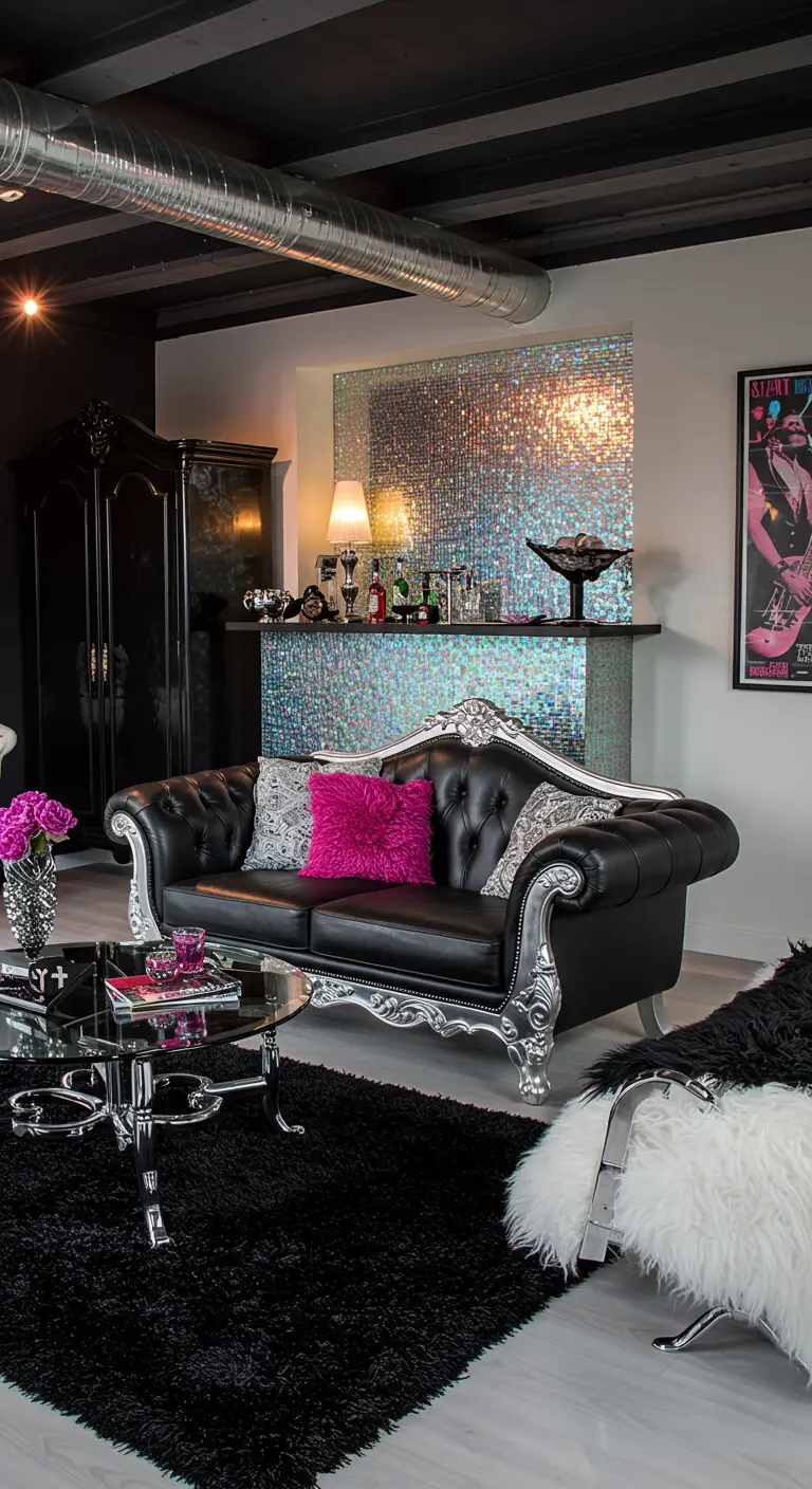 A glam rock style living room with a silver mosaic tile bar and a black and silver sofa.