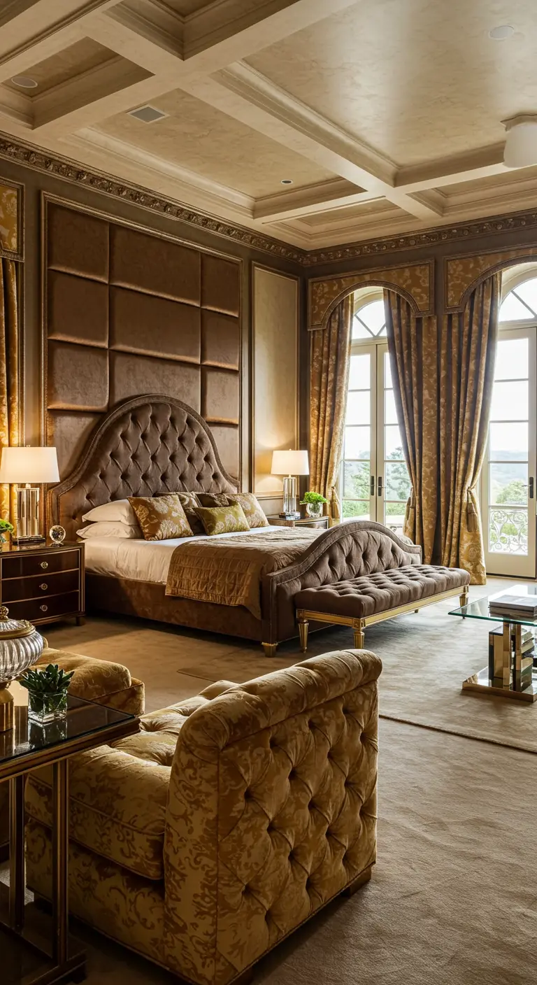 A grand bedroom with a wall of tufted brown suede panels behind the bed.