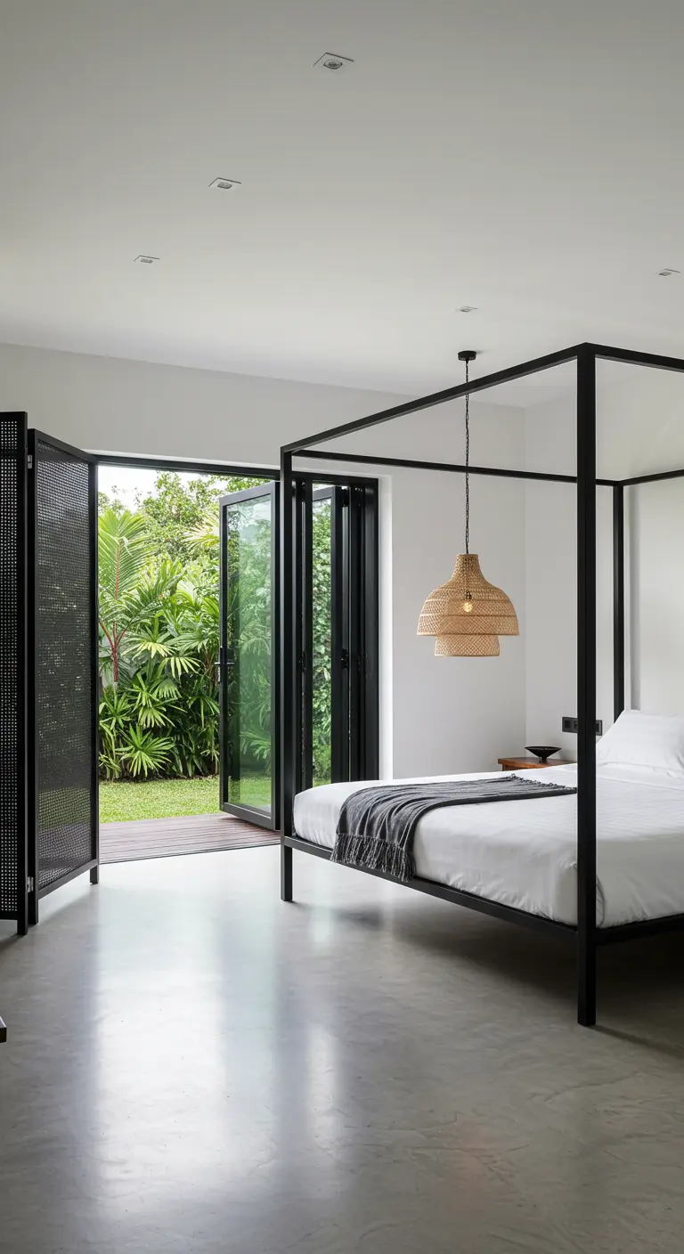 Minimalist bedroom with a black metal canopy bed and folding glass doors.