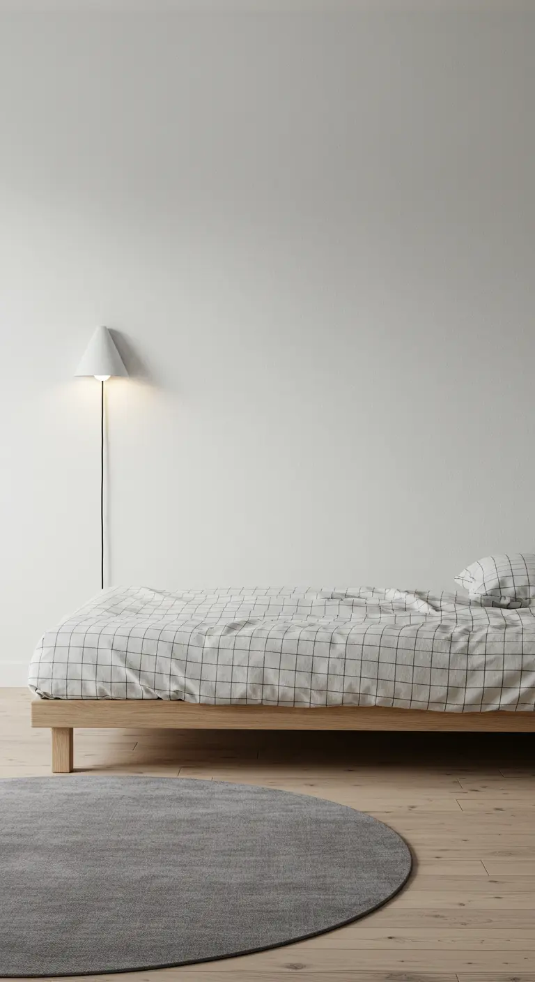 Scandinavian bedroom with a grid-patterned duvet on a light wood bed and a gray rug.