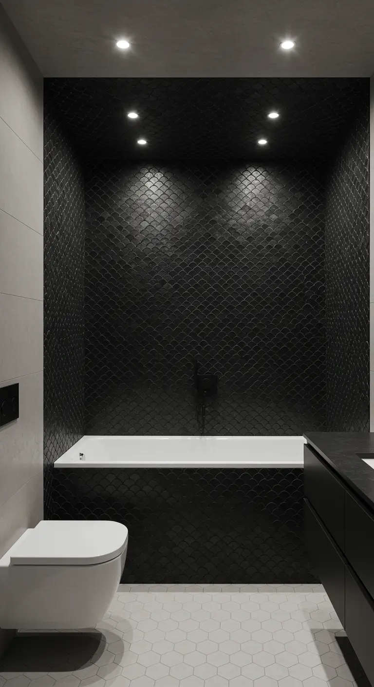 Bathroom alcove with matte black scalloped tiles illuminated by downlights.