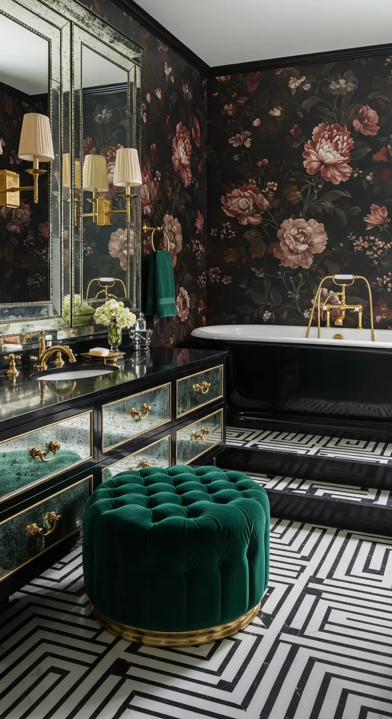 Art Deco bathroom with dark floral wallpaper, a mirrored vanity, and a green velvet ottoman.