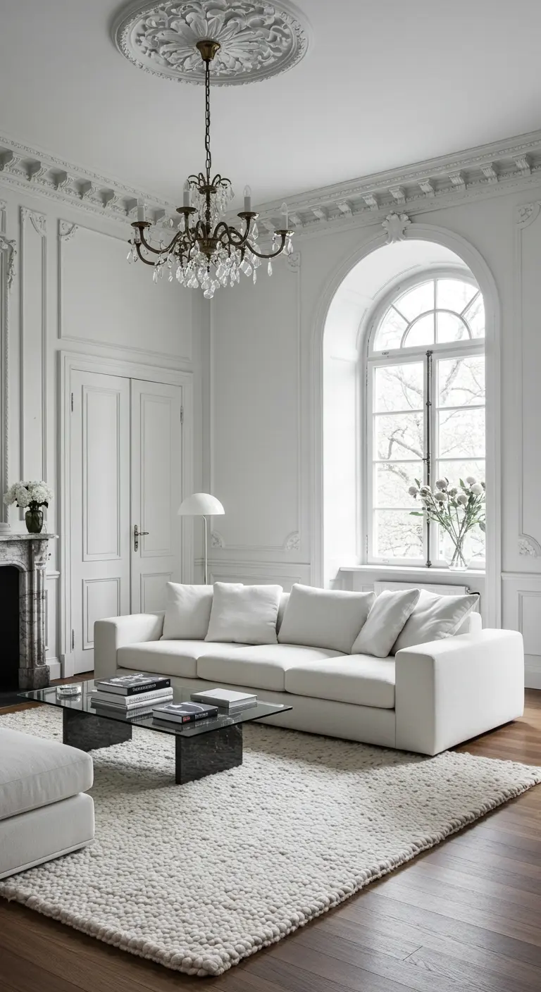 Elegant living room with ornate white moldings, a crystal chandelier, and a modern white sofa.