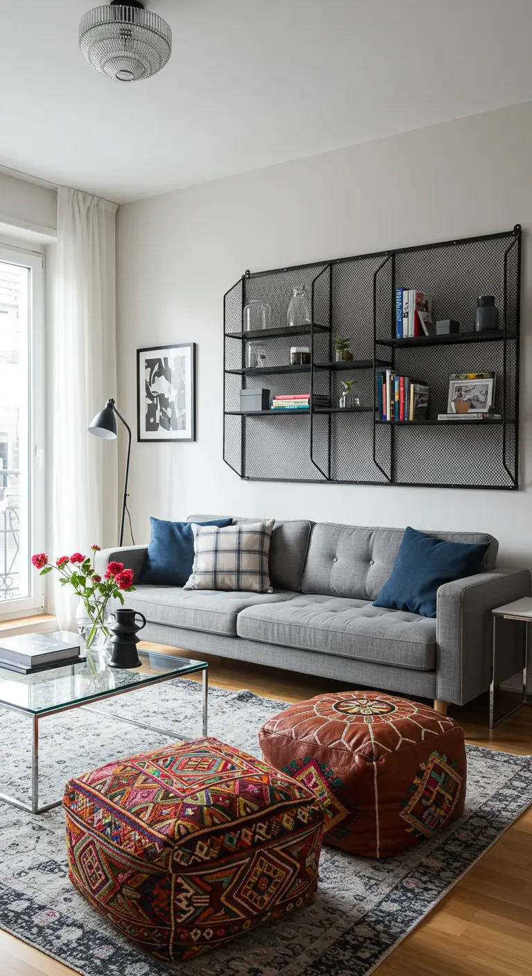 Living room with a glass table and two different poufs: one leather, one colorful patchwork.