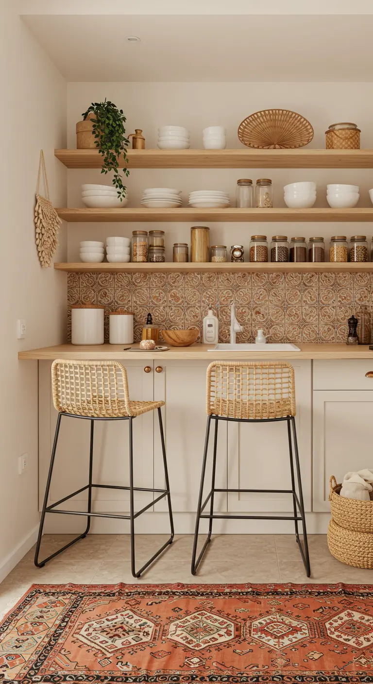 Kitchen with open wood shelves, a patterned terracotta tile backsplash, and cane bar stools.