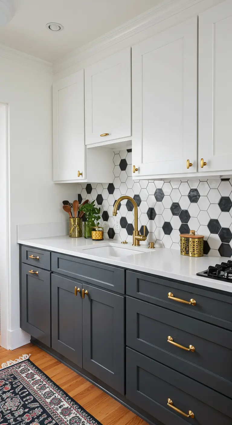 Kitchen with gray base cabinets, white uppers, and a black-and-white hexagon tile backsplash.