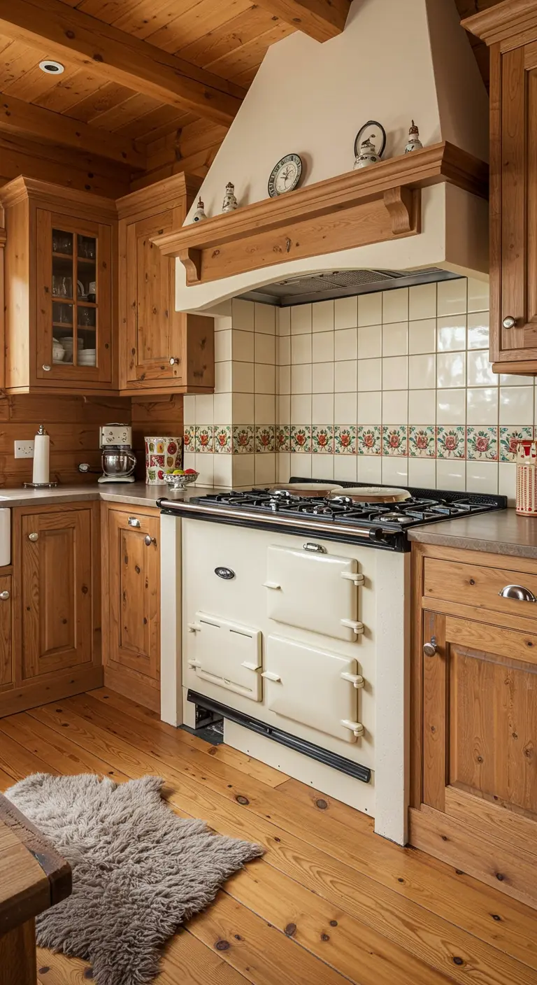 Country-style cabin kitchen with a cream range cooker and a floral tile backsplash.