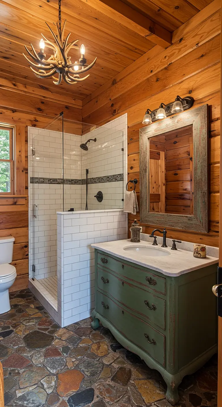 Rustic bathroom with a distressed green vintage dresser used as a vanity.