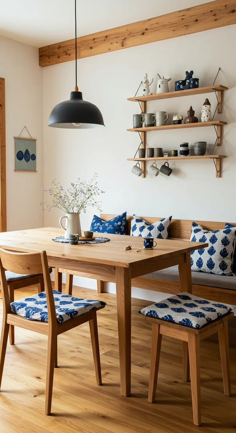 A Japandi dining nook with indigo-patterned cushions and a shelf of ceramic pottery.