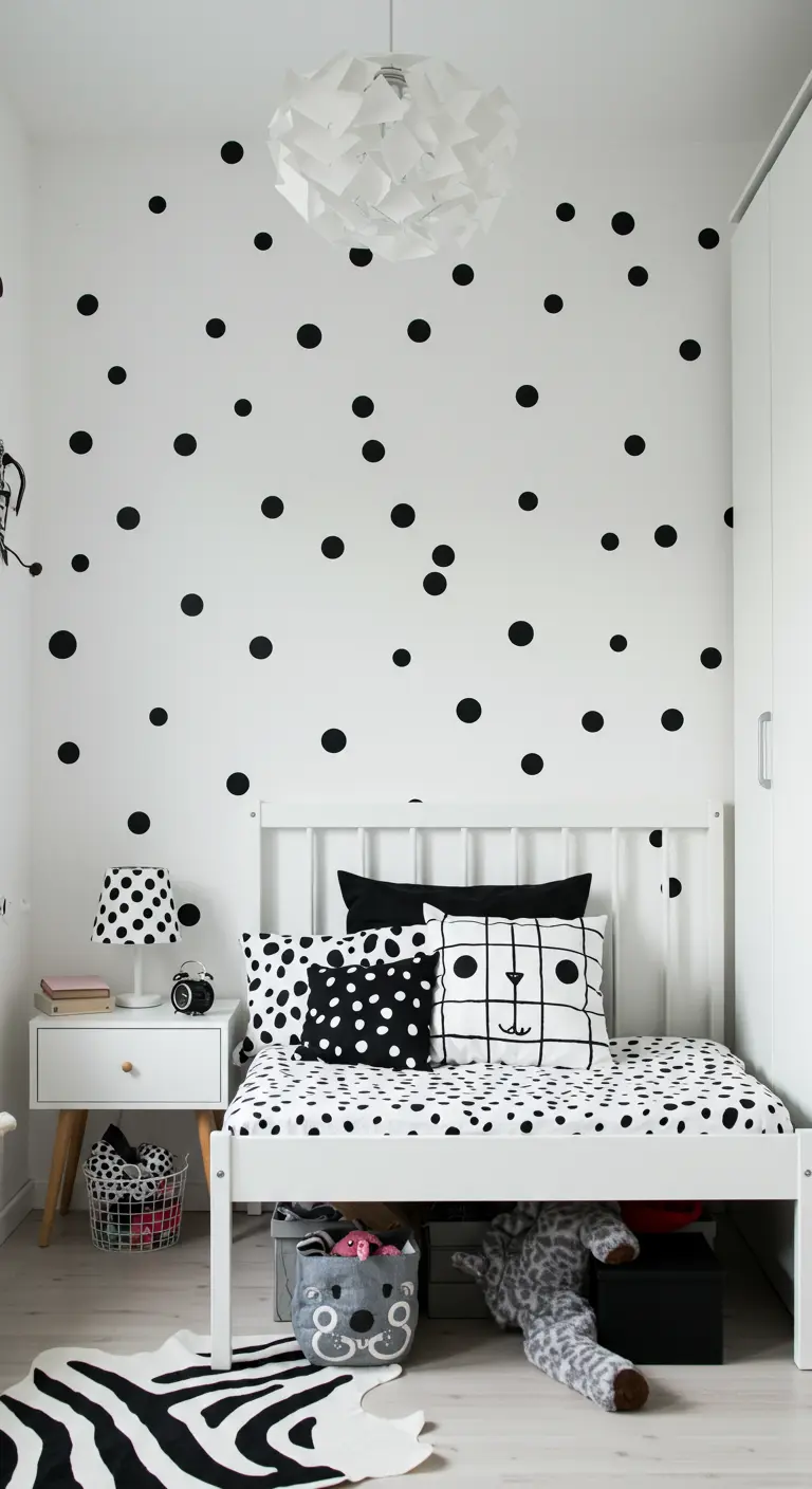 A child's bedroom with black polka dot decals on the walls and patterned black and white bedding.