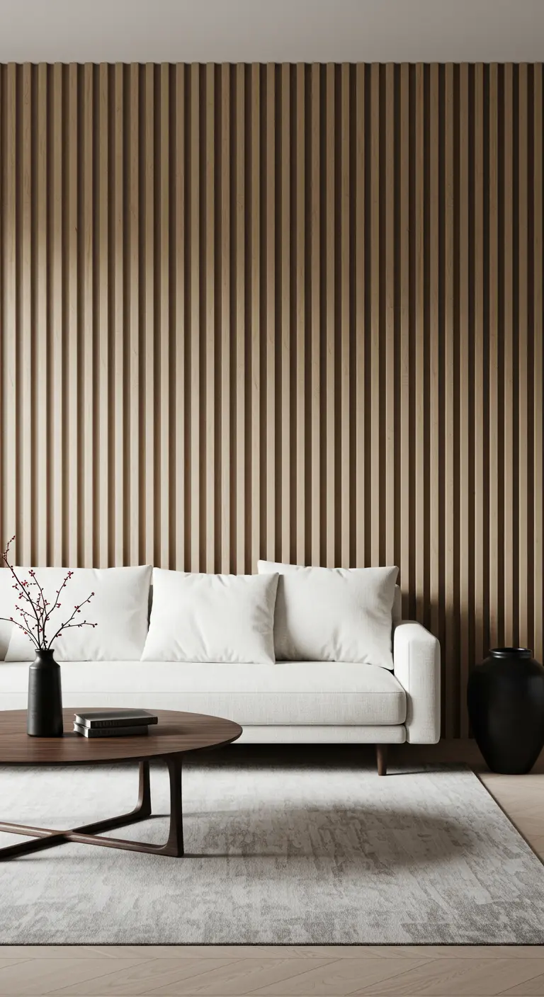 A vertical wood slat accent wall behind a clean-lined white sofa in a minimalist room.