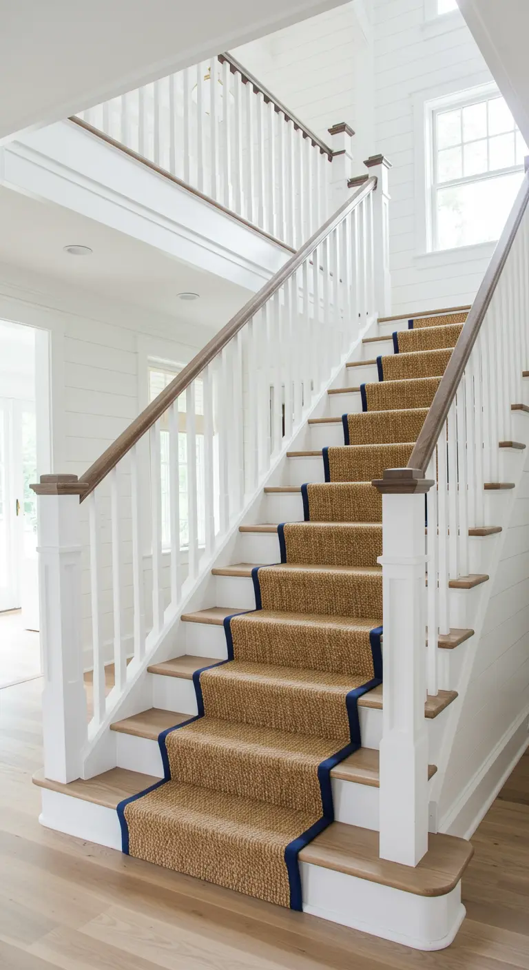 White wooden staircase with a natural jute runner trimmed in a navy blue border.