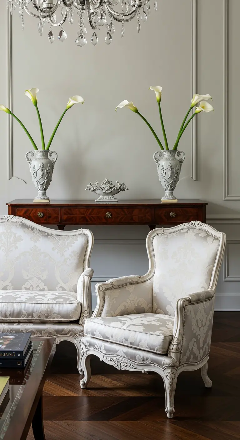 Two ornate white Bergère chairs in front of a console with matching urns holding calla lilies.