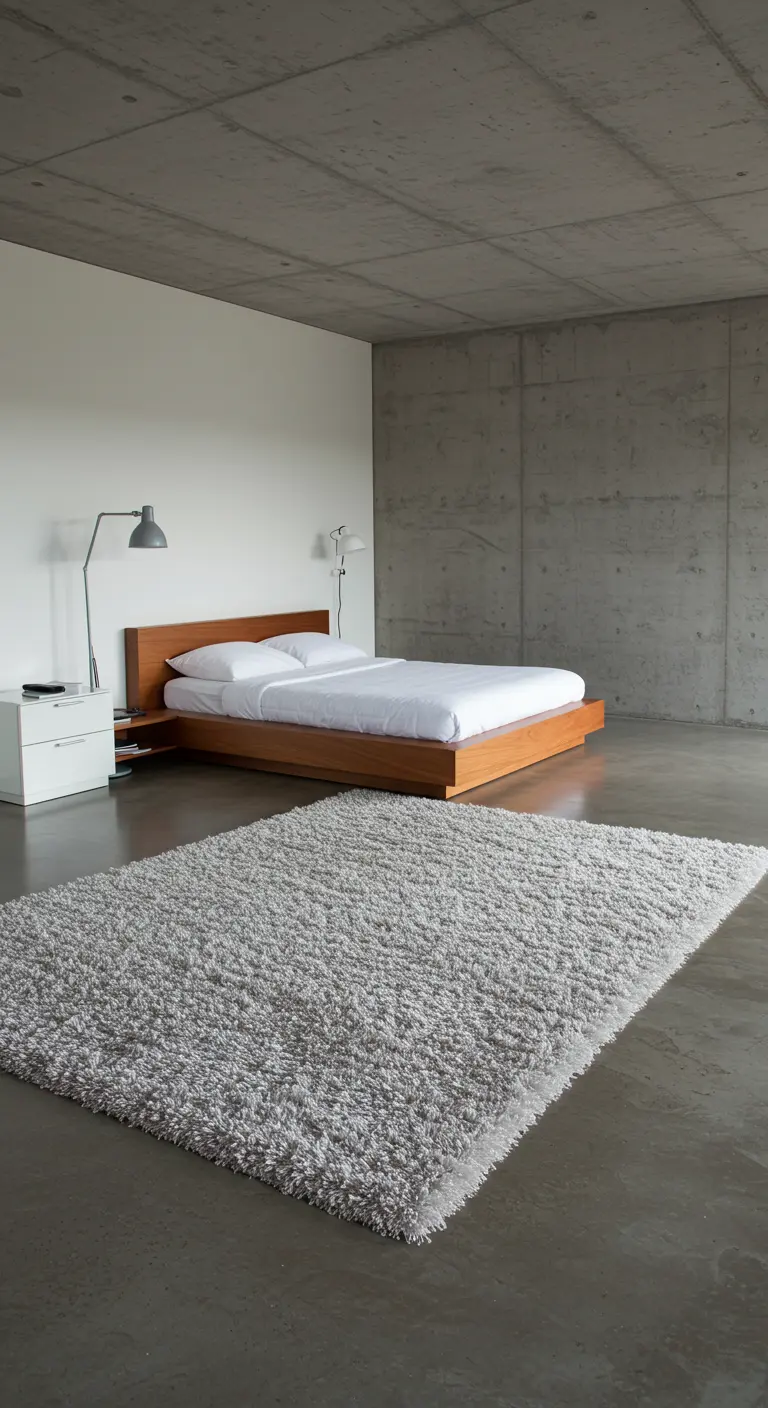 A plush white shag rug contrasts with the concrete floor in a minimalist bedroom.
