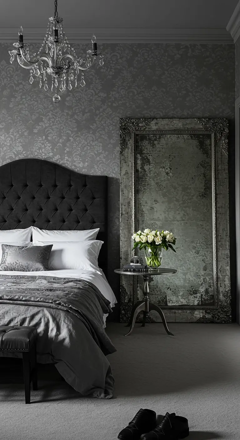 Large antiqued floor mirror leaning against a gray damask wall next to a bed.