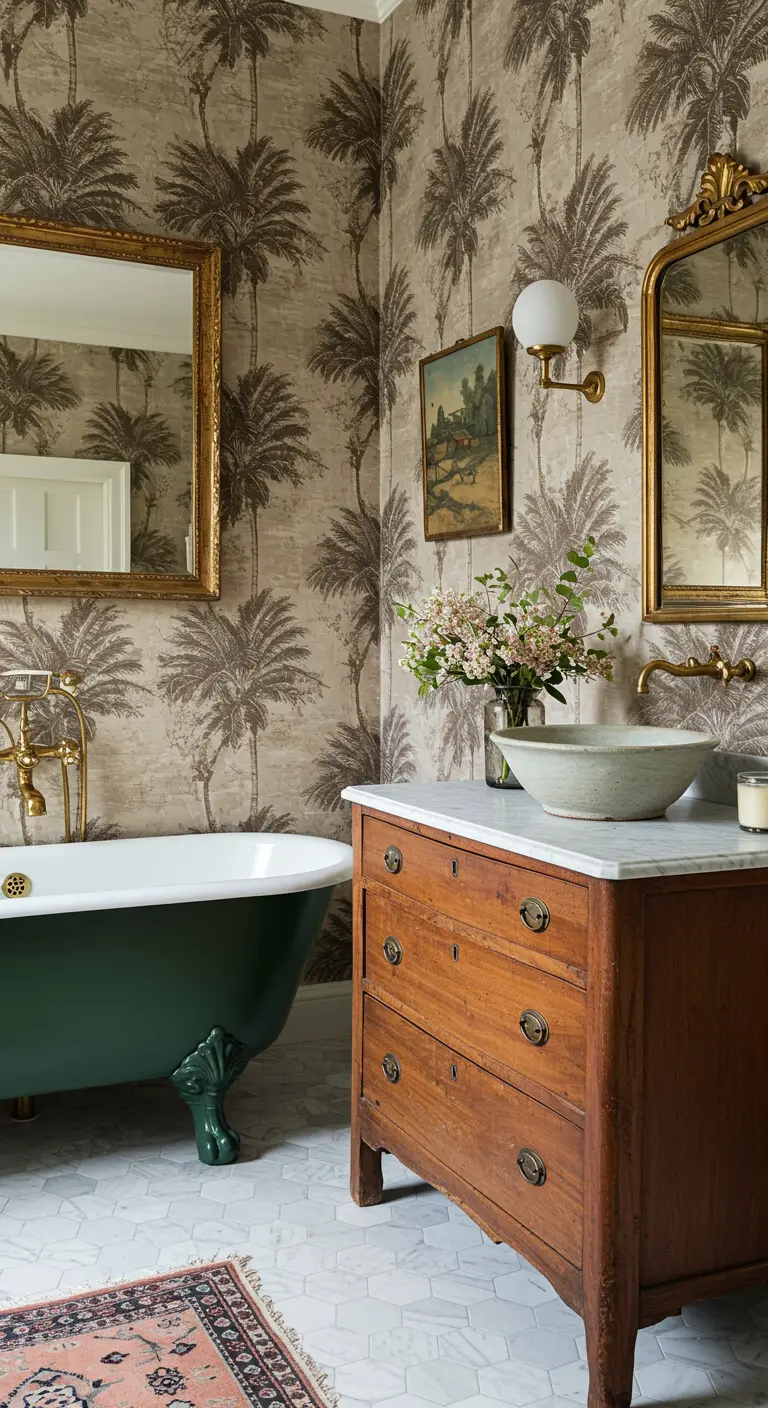 Vintage-style bathroom with sepia palm wallpaper, a green tub, and an antique vanity.