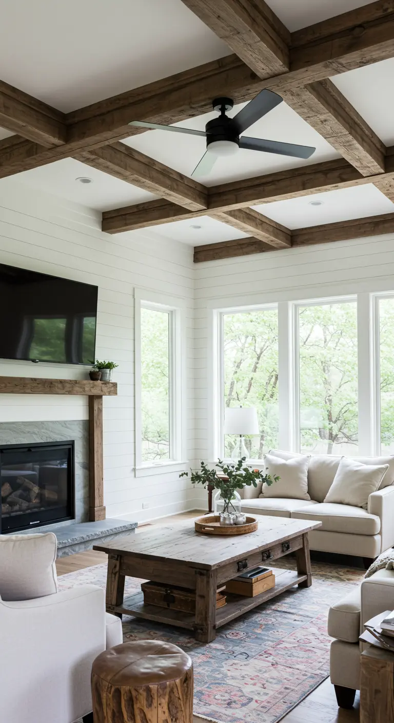 Living room with a coffered ceiling of reclaimed wood beams and neutral-toned furniture.