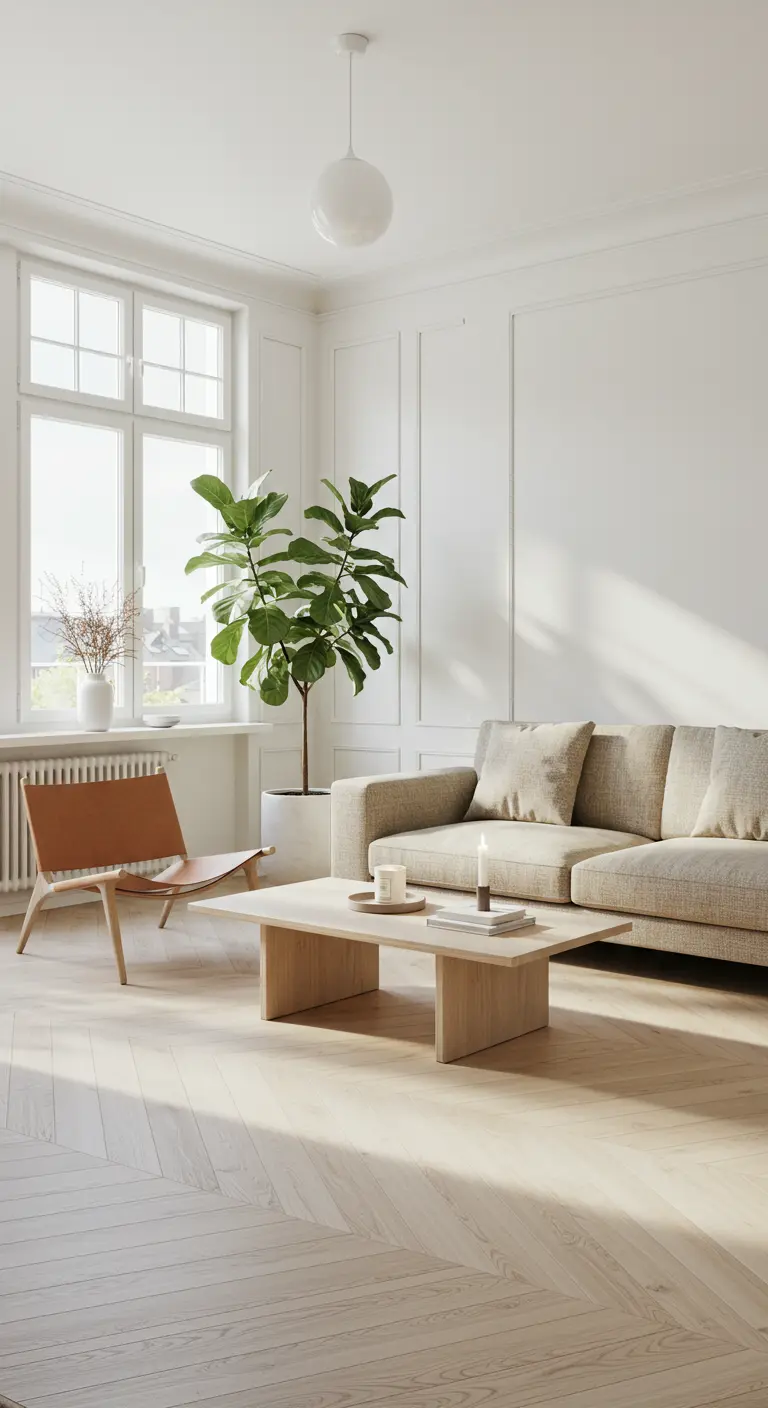 Living room with white panelled walls, light oak herringbone floors, and a beige sofa.
